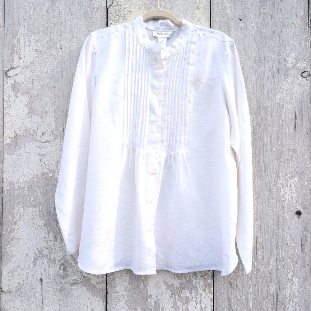 Chadwick's Pintuck Peplum 100% Linen Cottage Core Farmhouse Ivory Women's 14